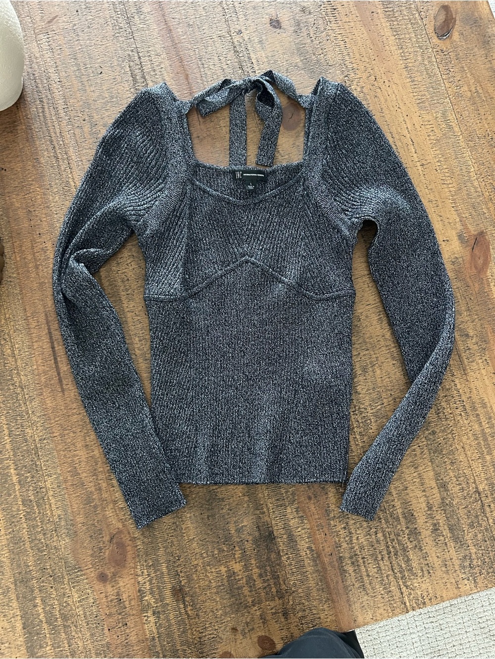 INC International Concepts Metallic Charcoal Tie-Back Scoop Neck Sweater